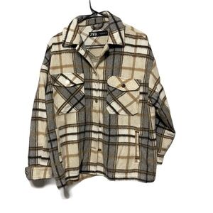 Zara Wool Blend Button Front Plaid Shacket Flannel Cream Brown Womens M